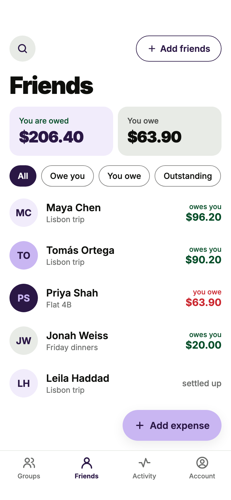 Friends screen listing balances with each friend